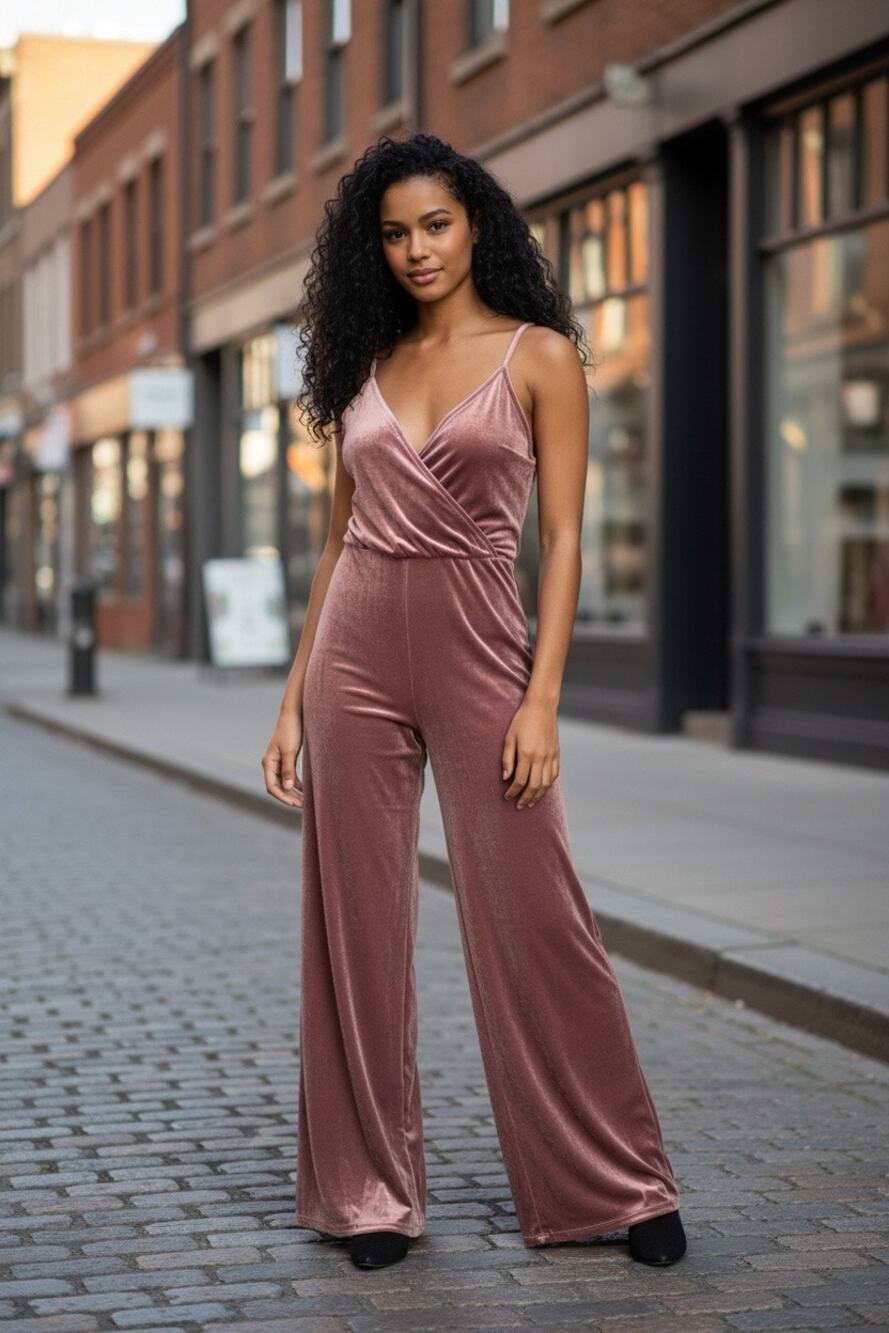 Wild Fable Mauve Velvet Wide Leg Jumpsuit Cami Surplice Wrap Bodice Plum Medium